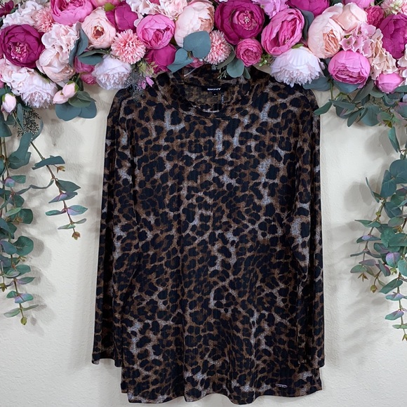 •DKNY• {ribbed} Mock-neck Semi-Sheer |lined| leopard print [long-sleeved] Top XL - Picture 4 of 14